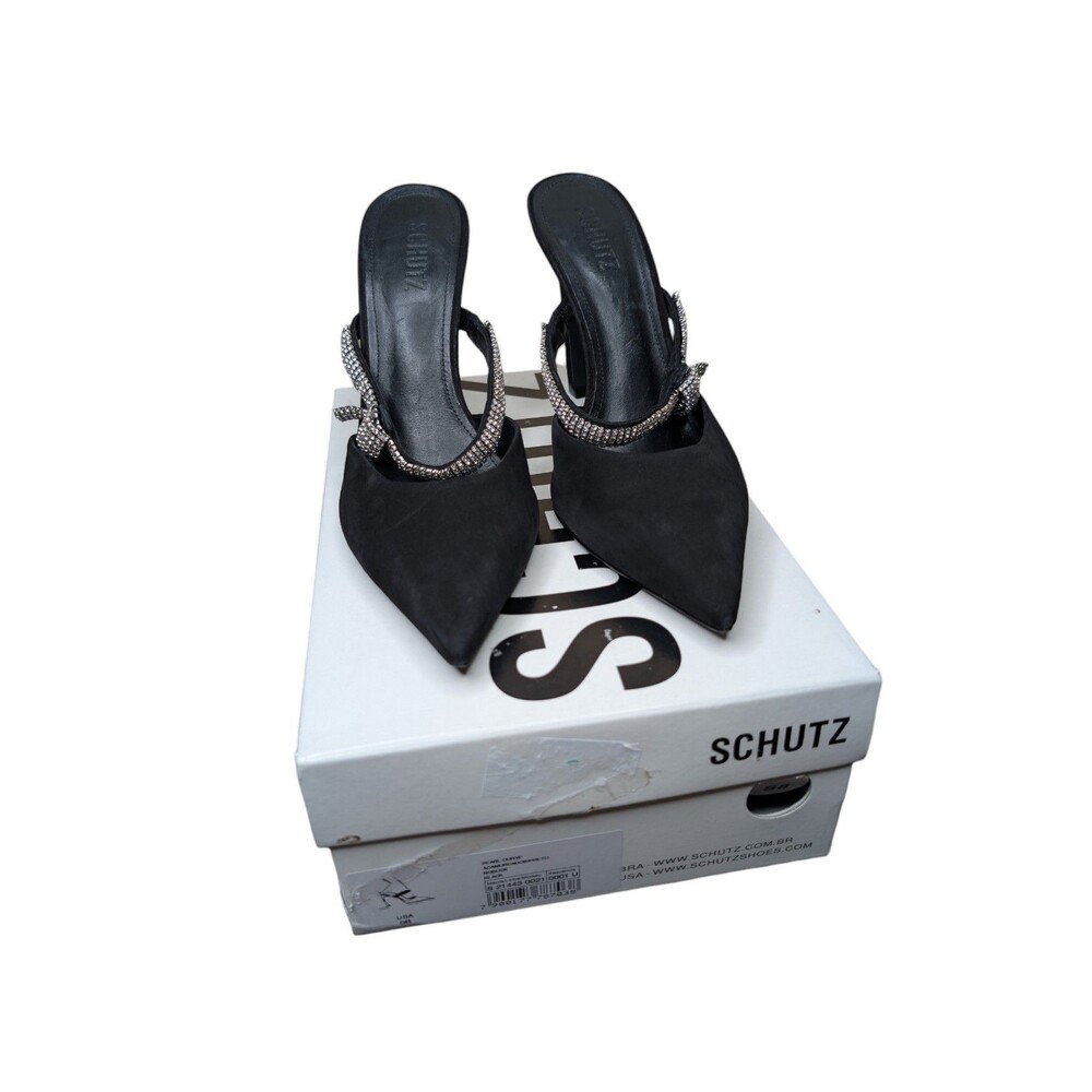 Schutz Pearl Curve Mule Pumps Black Nubuck Suede Crystal Strap Women’s 9B